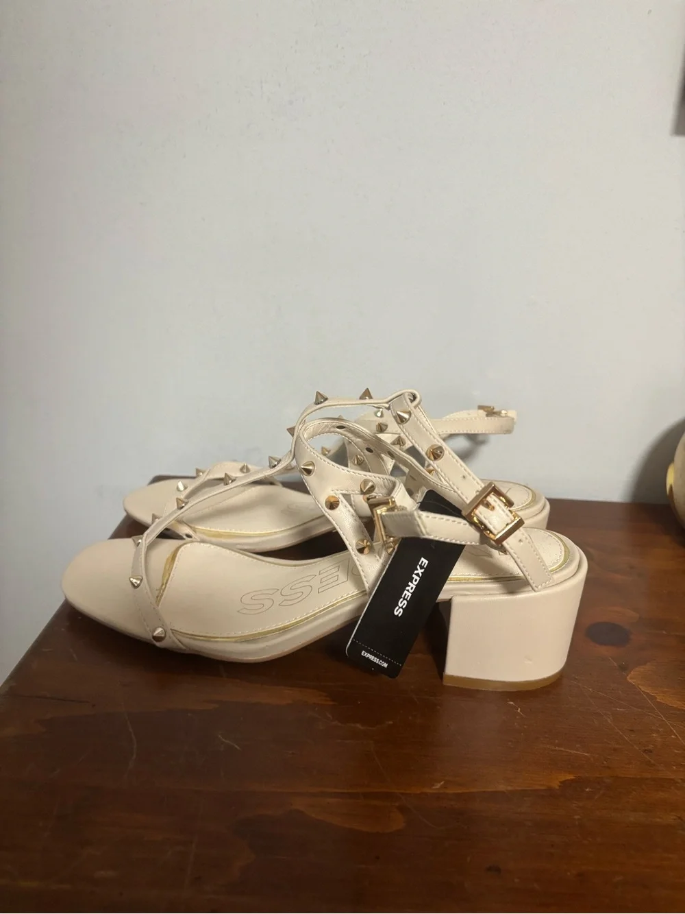 Express Cream Studded T-Strap Sandals with Gold Accents